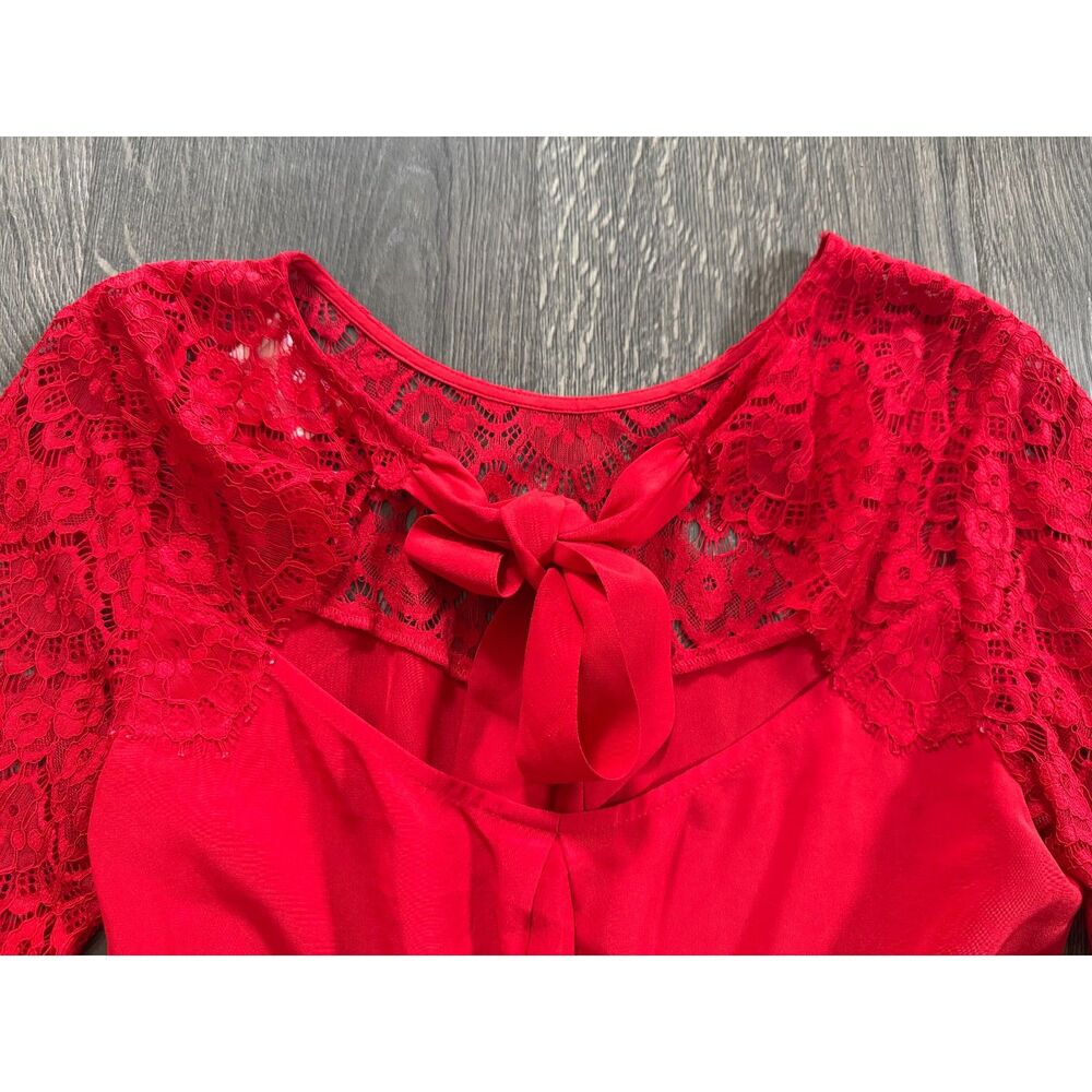 Sezane Adeline Silk Lace Bright Holiday Red Open Back Blouse 36 / 4 / S - Picture 5 of 7